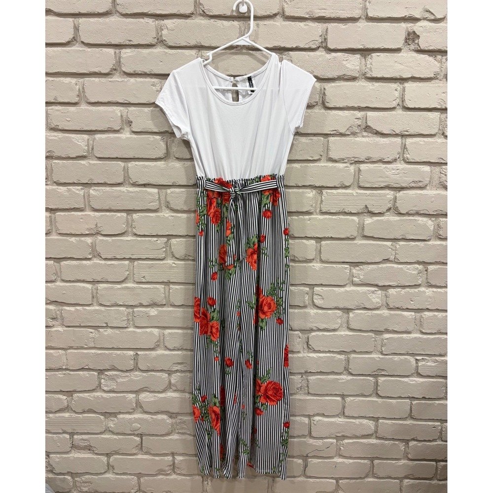 Insta Girl Girls Floral Striped Wide Leg Jumpsuit White Black Red Size L 14-16